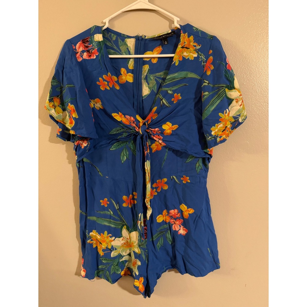 Derek Heart Blue Floral Tie Front Romper Shorts Women's Size Large Tropical
